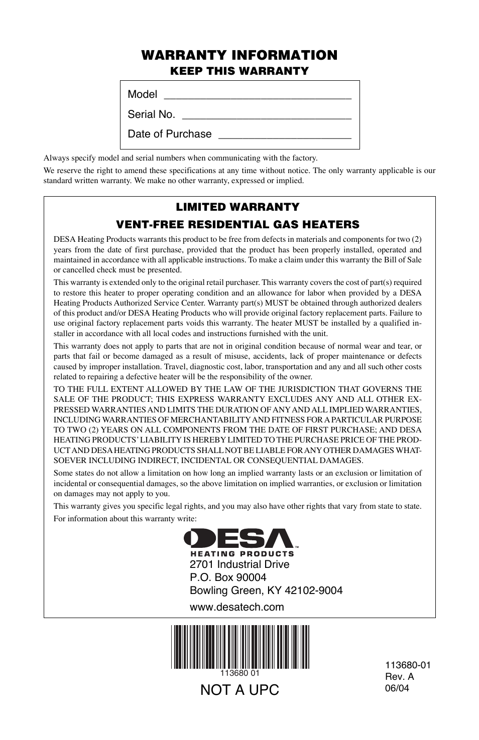 Warranty information, Not a upc | Desa 10542 User Manual | Page 32 / 32