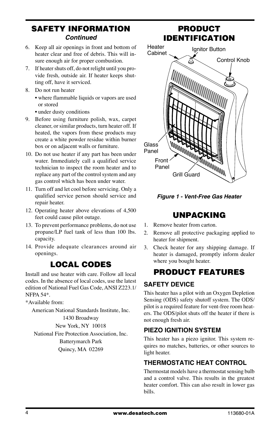 Local codes, Product identification, Unpacking | Product features, Safety information | Desa 10542 User Manual | Page 4 / 32