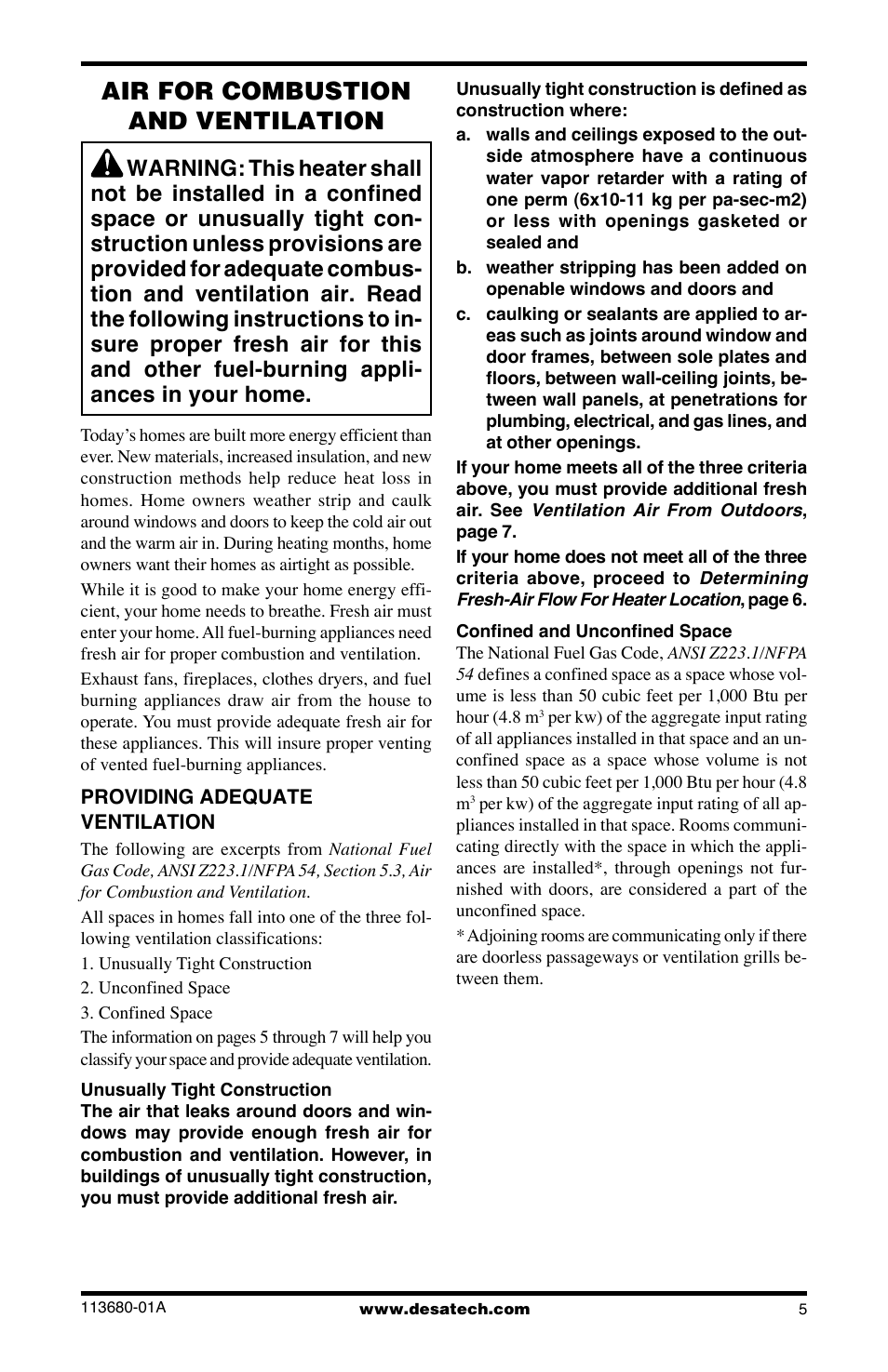 Air for combustion and ventilation | Desa 10542 User Manual | Page 5 / 32