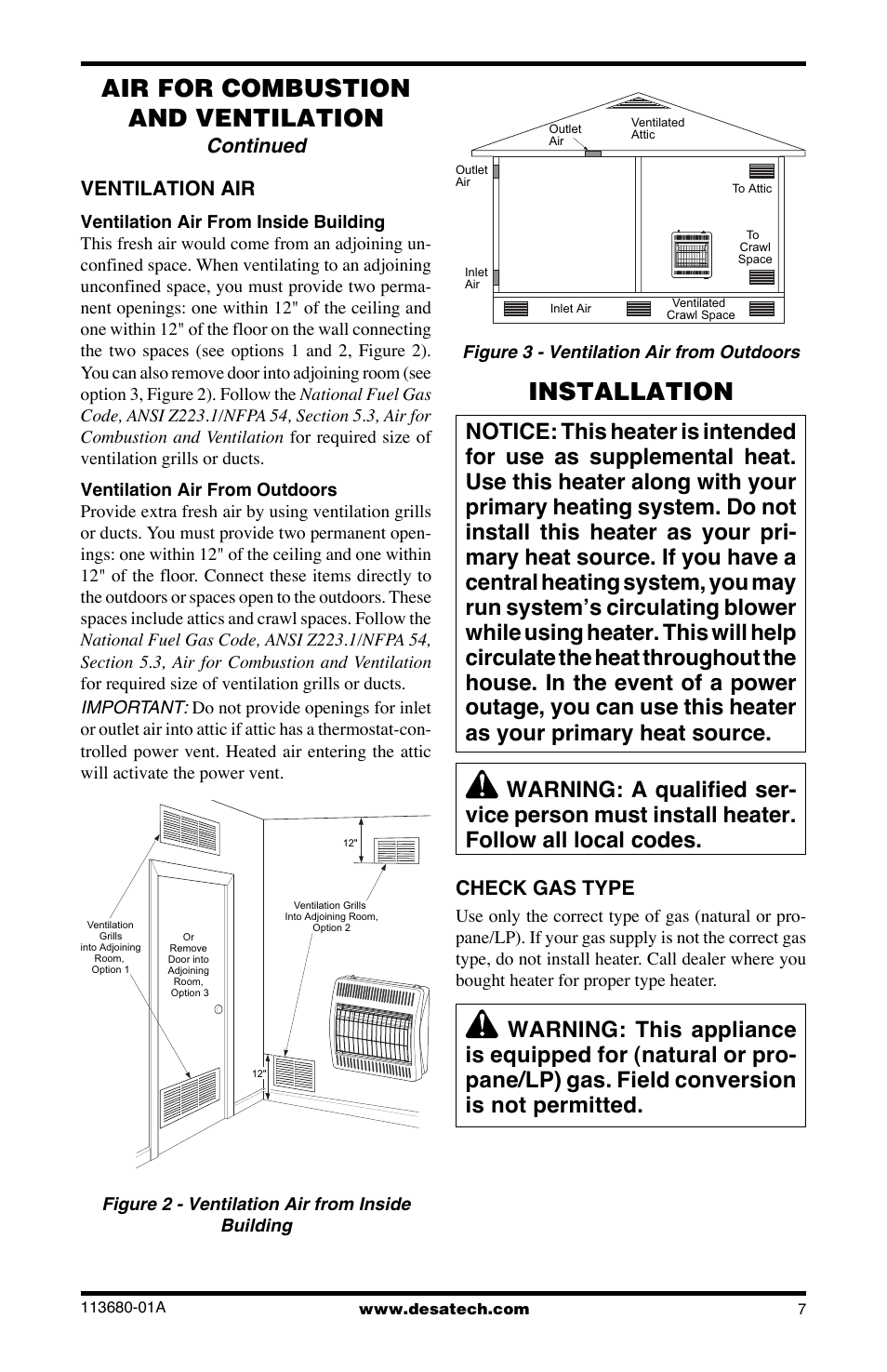 Installation, Air for combustion and ventilation, Continued | Ventilation air, Check gas type | Desa 10542 User Manual | Page 7 / 32