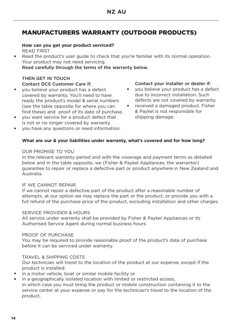 Manufacturers warranty (outdoor products), Nz au | DCS Service & Warranty User Manual | Page 16 / 24