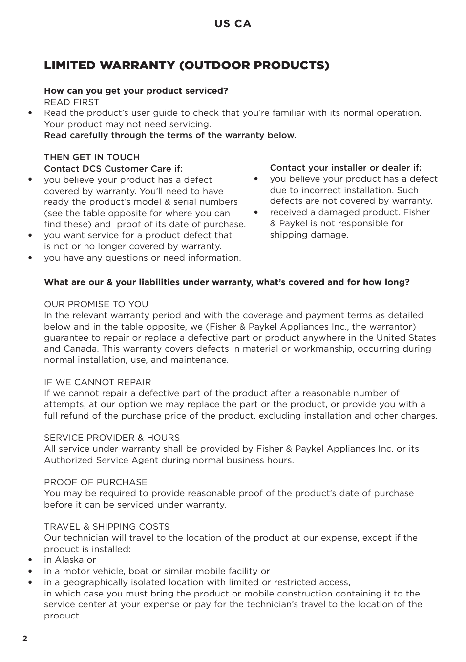 Limited warranty (outdoor products), Us ca | DCS Service & Warranty User Manual | Page 4 / 24