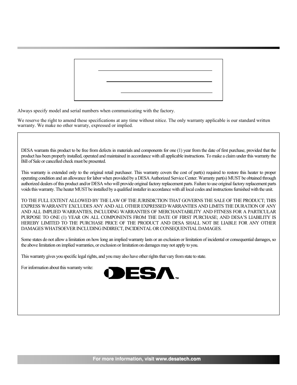 Warranty information | Desa E36LBH User Manual | Page 26 / 26