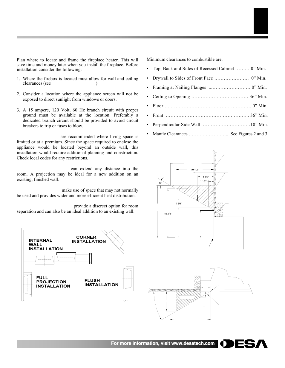 Electric fireplace installation instructions, Locating the fireplace heater, Installation clearances | Desa E36LBH User Manual | Page 3 / 26