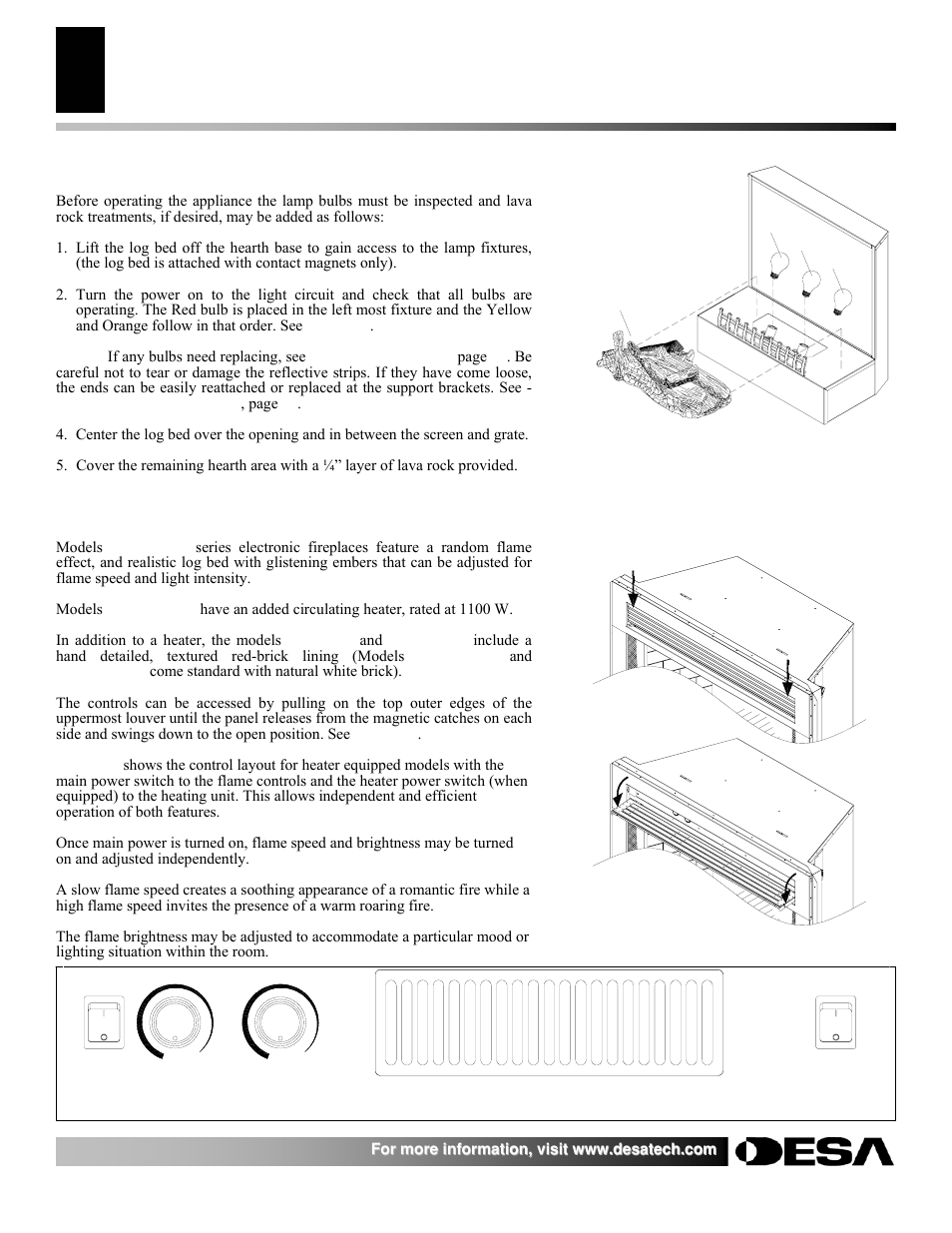 Electric fireplace installation instructions, Hearth assembly, Product features and control operation | Desa E36LBH User Manual | Page 6 / 26