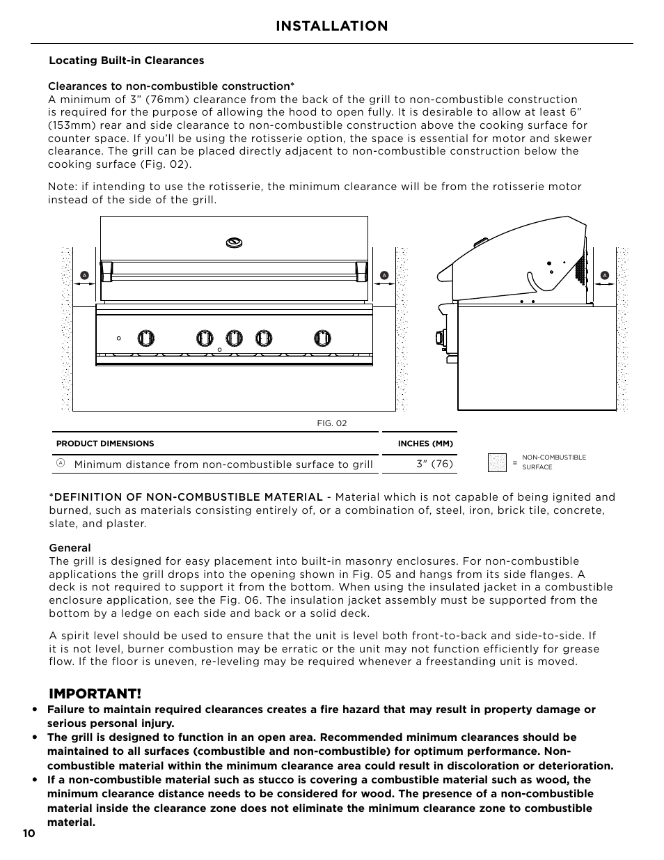 Installation, Important | DCS Owner's Guide User Manual | Page 12 / 96