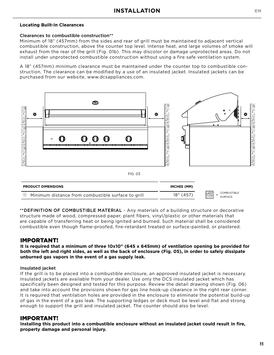 Installation, Important | DCS Owner's Guide User Manual | Page 13 / 96