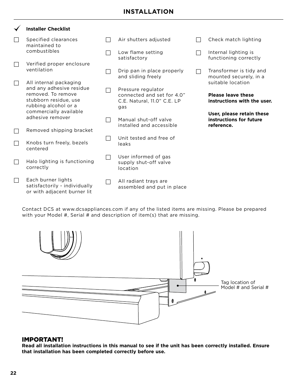 Installation, Important | DCS Owner's Guide User Manual | Page 24 / 96