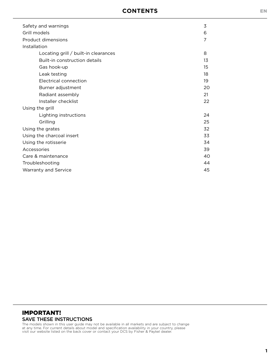 Contents important | DCS Owner's Guide User Manual | Page 3 / 96