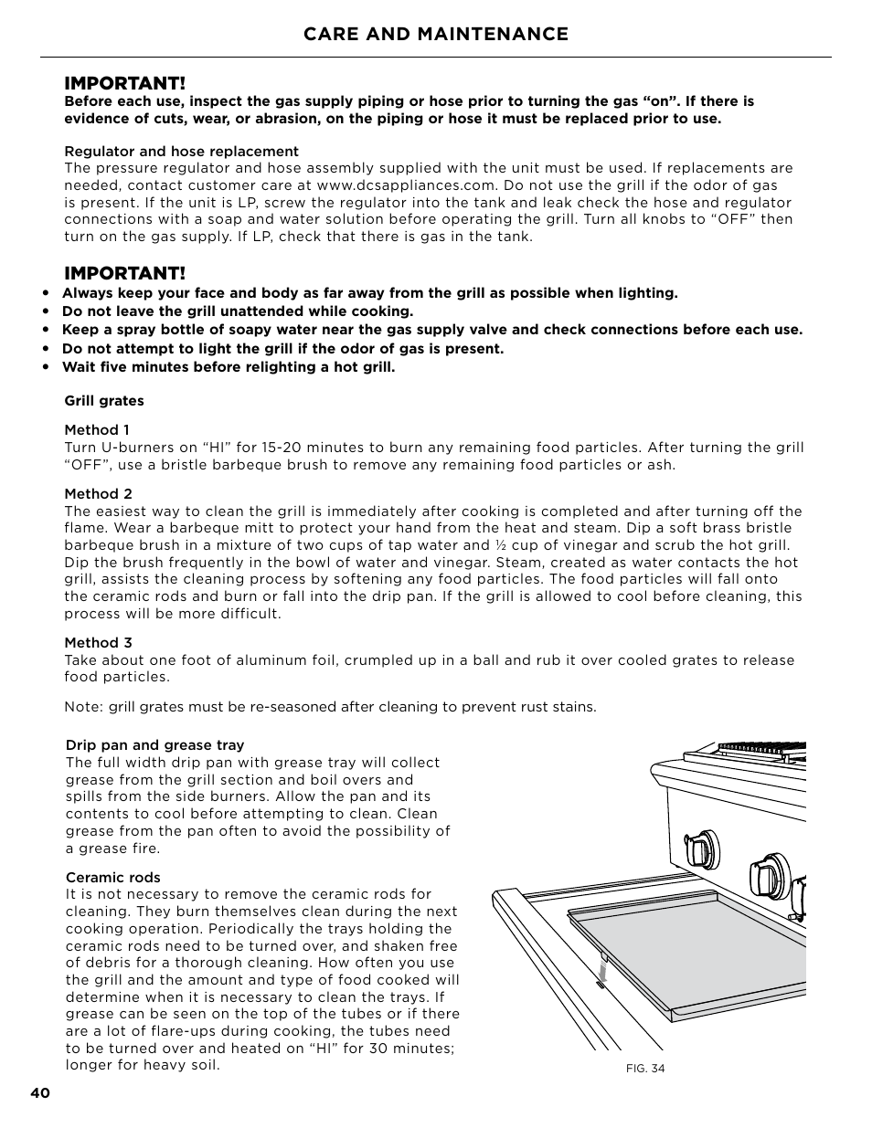 Important, Care and maintenance | DCS Owner's Guide User Manual | Page 42 / 96