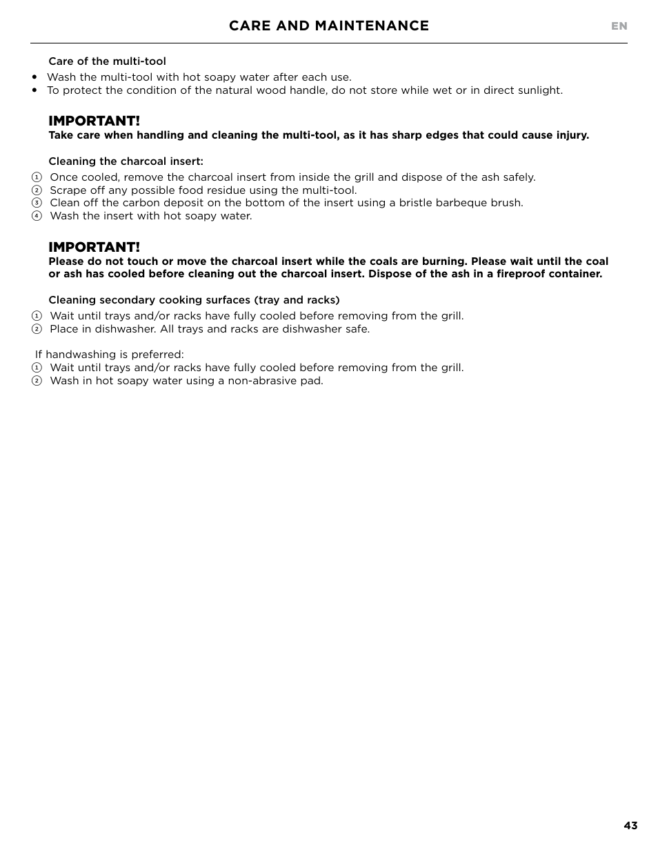 Important, Care and maintenance | DCS Owner's Guide User Manual | Page 45 / 96