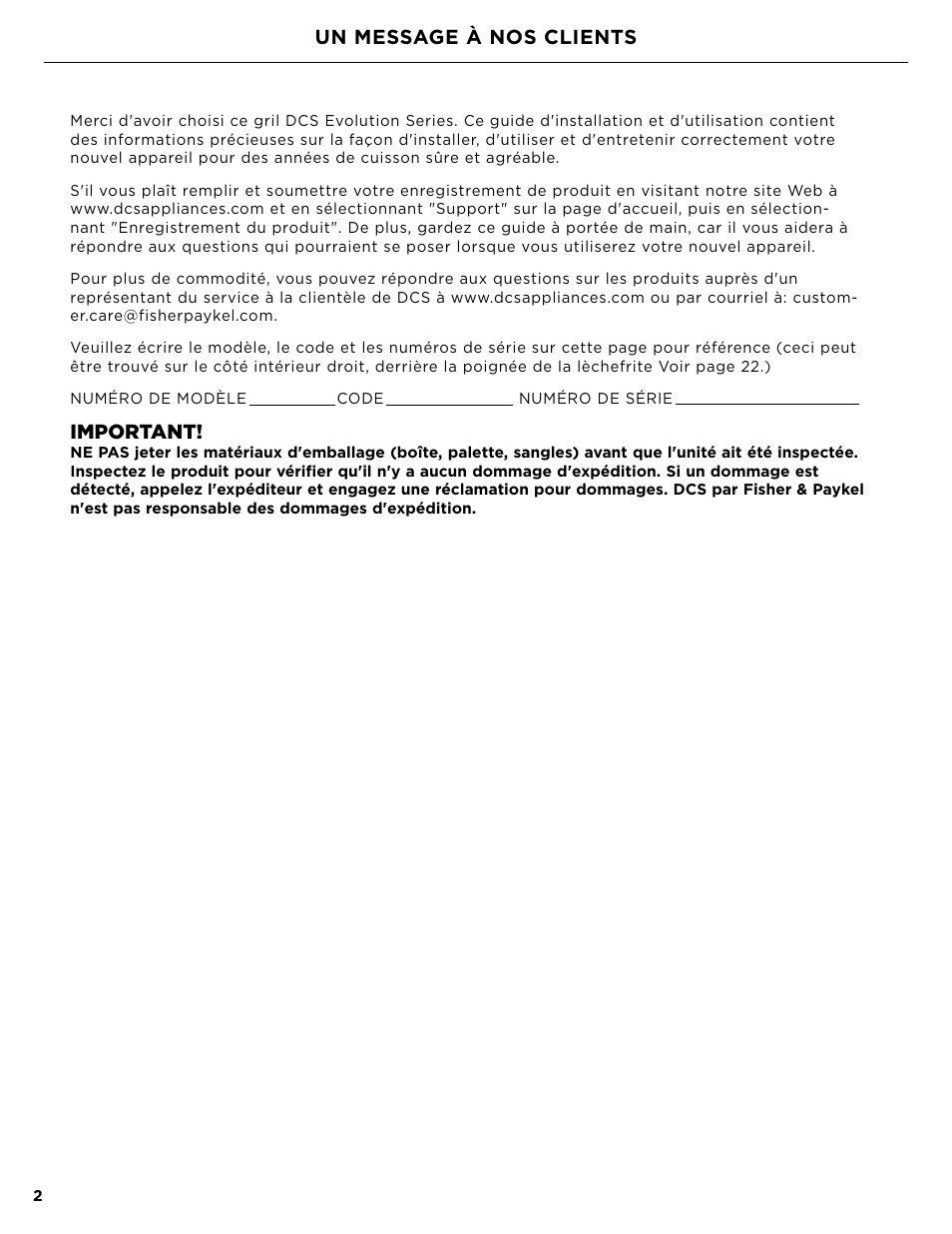 Un message à nos clients, Important | DCS Owner's Guide User Manual | Page 50 / 96