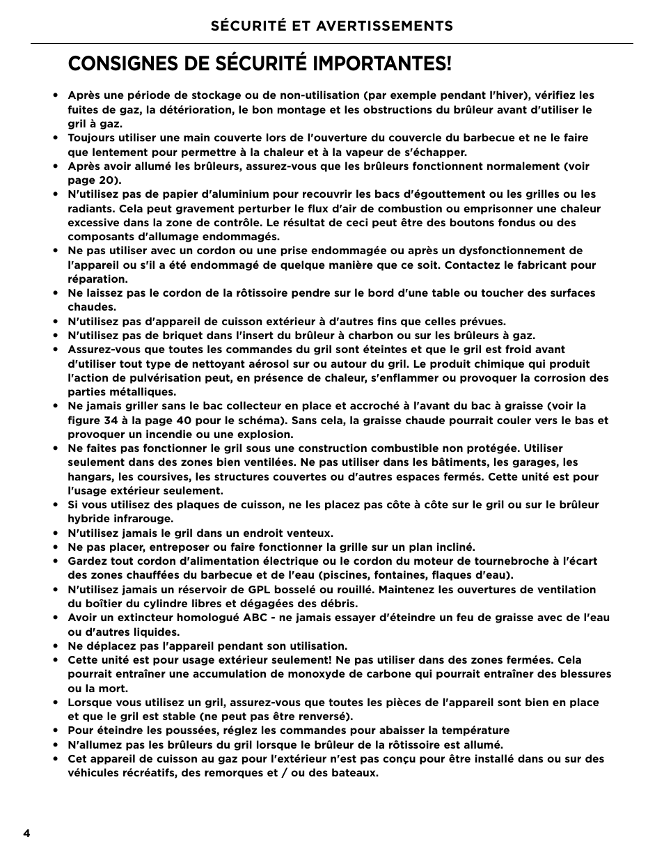 Consignes de sécurité importantes, Sécurité et avertissements | DCS Owner's Guide User Manual | Page 52 / 96