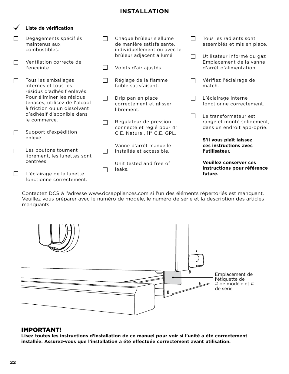 Installation, Important | DCS Owner's Guide User Manual | Page 70 / 96