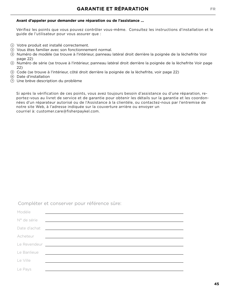 Garantie et réparation, Compléter et conserver pour référence sûre | DCS Owner's Guide User Manual | Page 93 / 96