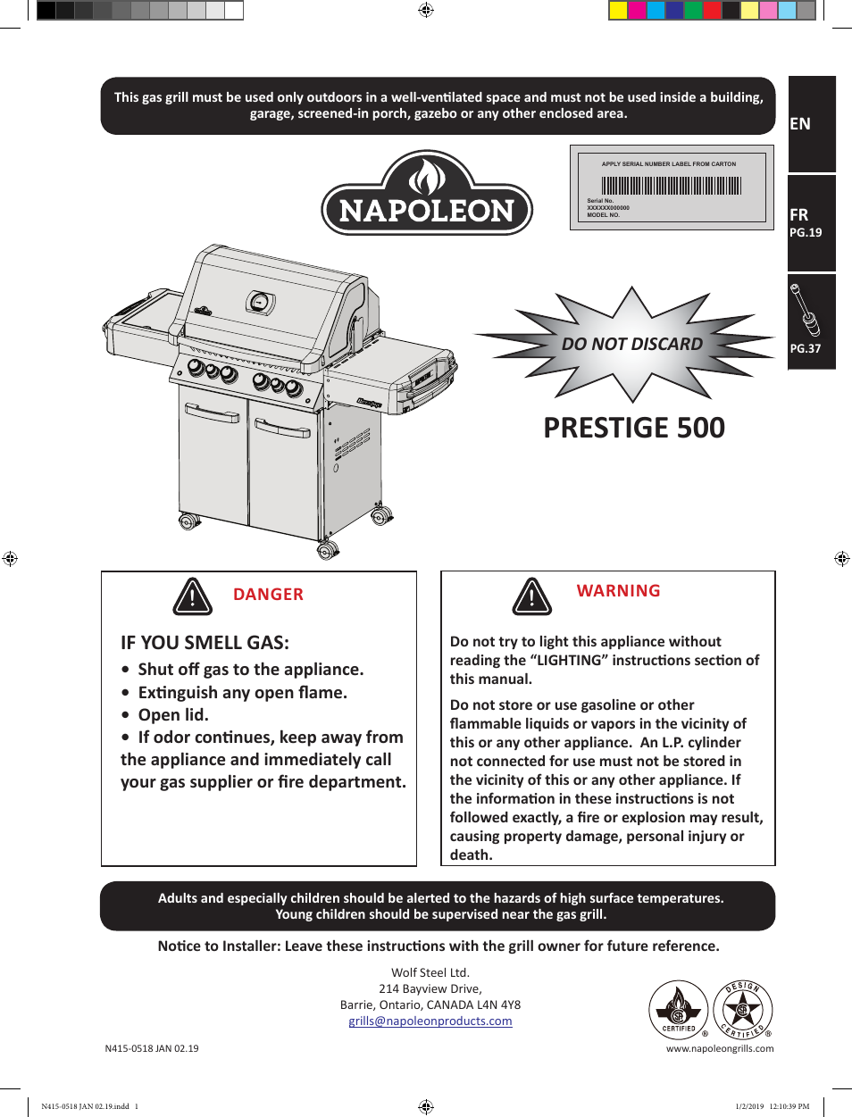 Prestige Napoleon Prestige Series 500 Series 66 Inch Freestanding Grill Owner's Guide User Manual | 52 pages