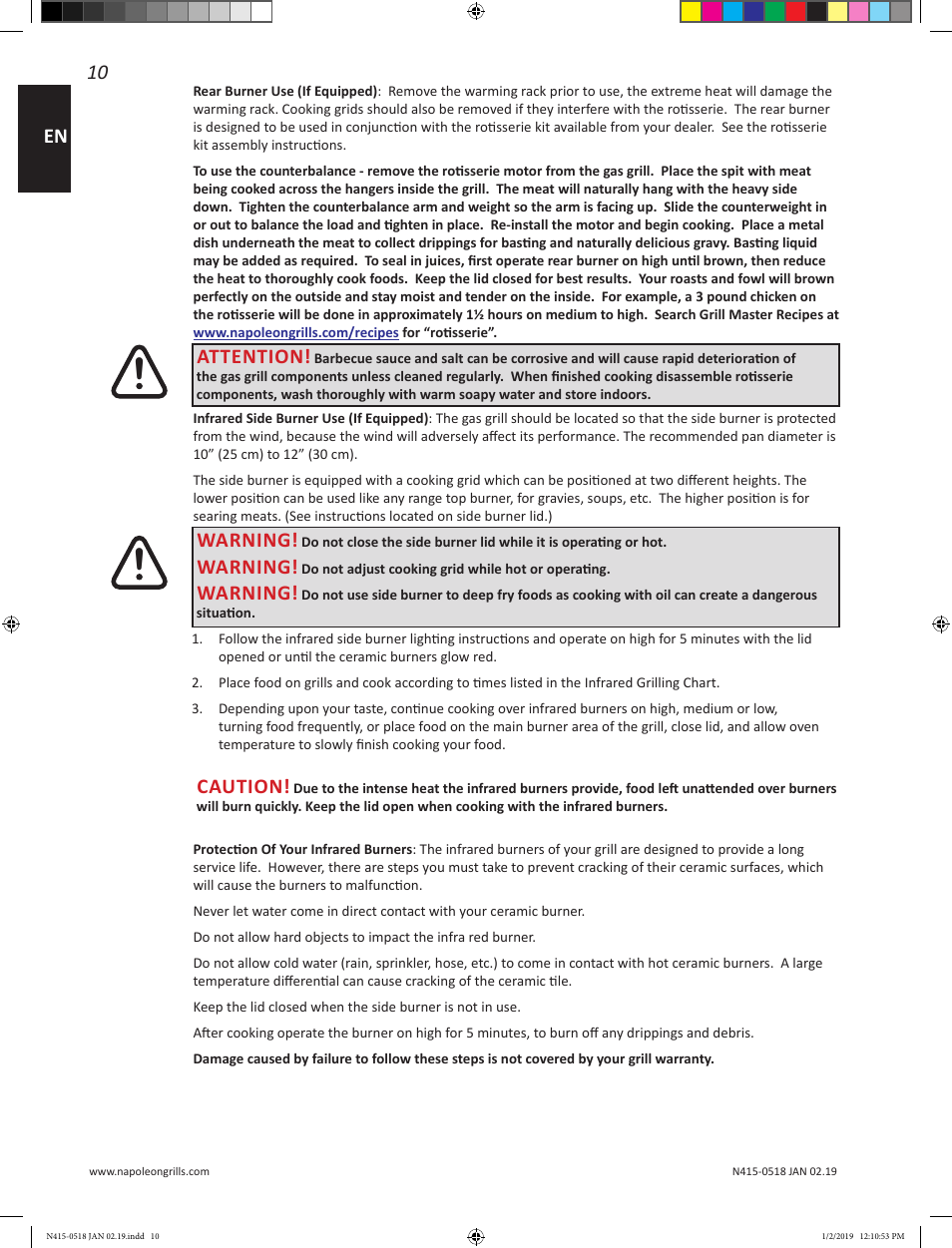 10 en, Warning, Caution | Attention | Prestige Napoleon Prestige Series 500 Series 66 Inch Freestanding Grill Owner's Guide User Manual | Page 10 / 52