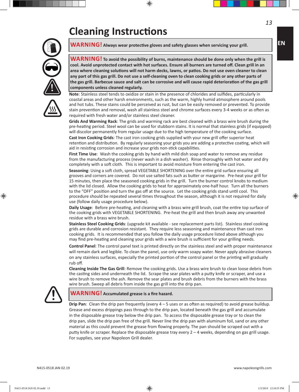 Cleaning instructions, 13 en, Warning | Prestige Napoleon Prestige Series 500 Series 66 Inch Freestanding Grill Owner's Guide User Manual | Page 13 / 52