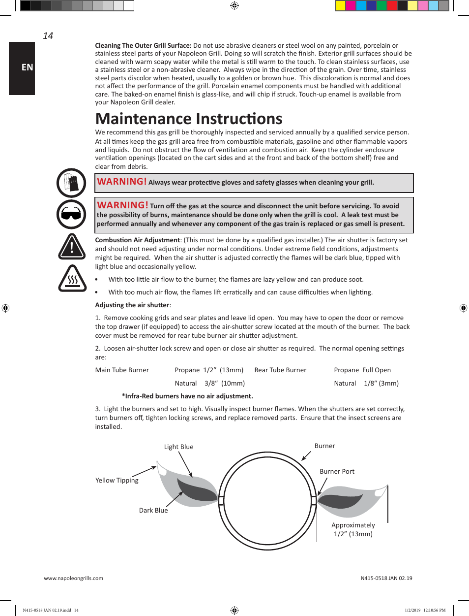 Maintenance instructions, 14 en, Warning | Prestige Napoleon Prestige Series 500 Series 66 Inch Freestanding Grill Owner's Guide User Manual | Page 14 / 52