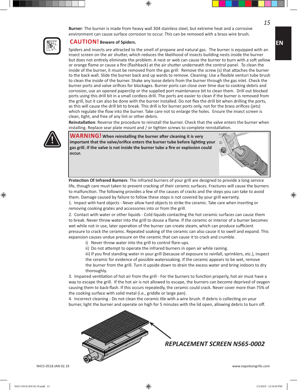 15 en, Caution, Warning | Prestige Napoleon Prestige Series 500 Series 66 Inch Freestanding Grill Owner's Guide User Manual | Page 15 / 52