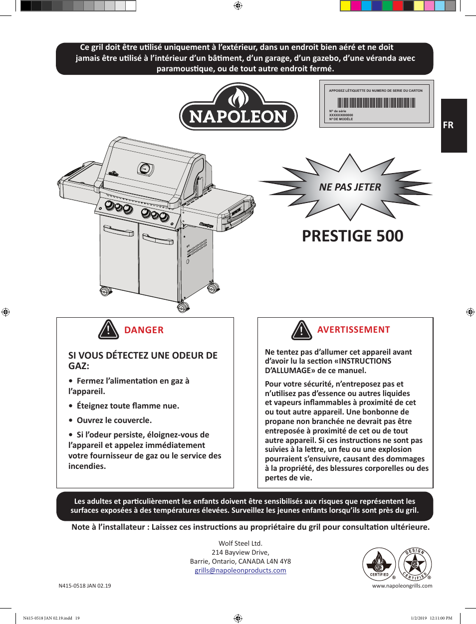 Prestige 500, Ne pas jeter, 19 fr | Danger si vous détectez une odeur de gaz, Avertissement | Prestige Napoleon Prestige Series 500 Series 66 Inch Freestanding Grill Owner's Guide User Manual | Page 19 / 52