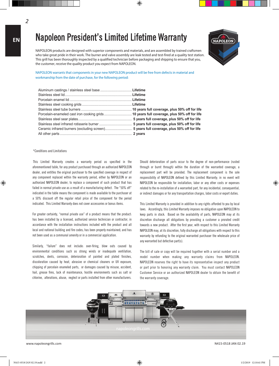 Napoleon president’s limited lifetime warranty | Prestige Napoleon Prestige Series 500 Series 66 Inch Freestanding Grill Owner's Guide User Manual | Page 2 / 52