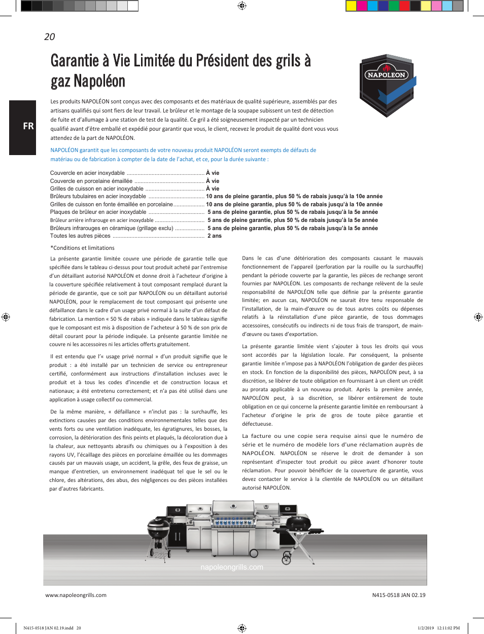 20 fr | Prestige Napoleon Prestige Series 500 Series 66 Inch Freestanding Grill Owner's Guide User Manual | Page 20 / 52