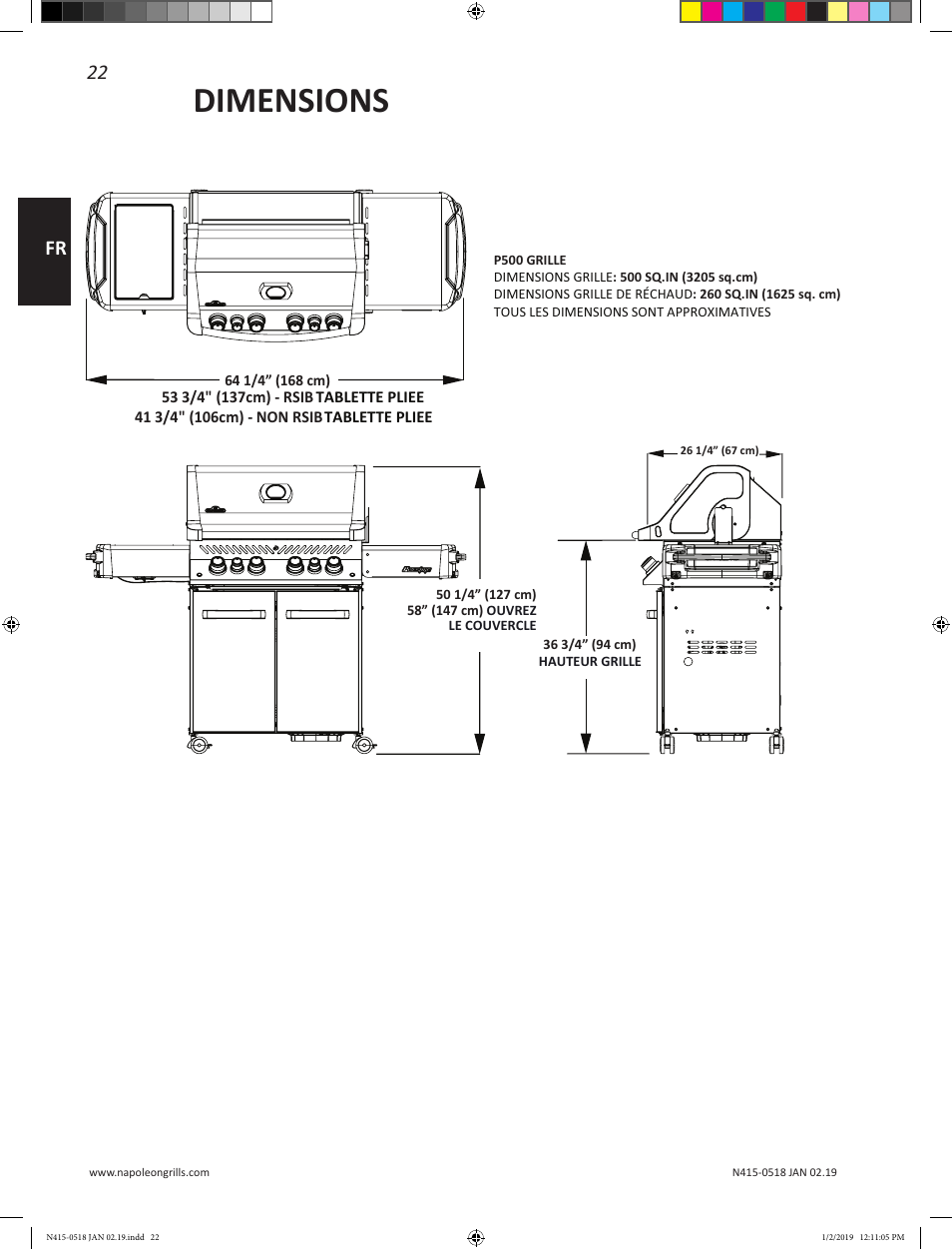 Dimensions, 22 fr | Prestige Napoleon Prestige Series 500 Series 66 Inch Freestanding Grill Owner's Guide User Manual | Page 22 / 52