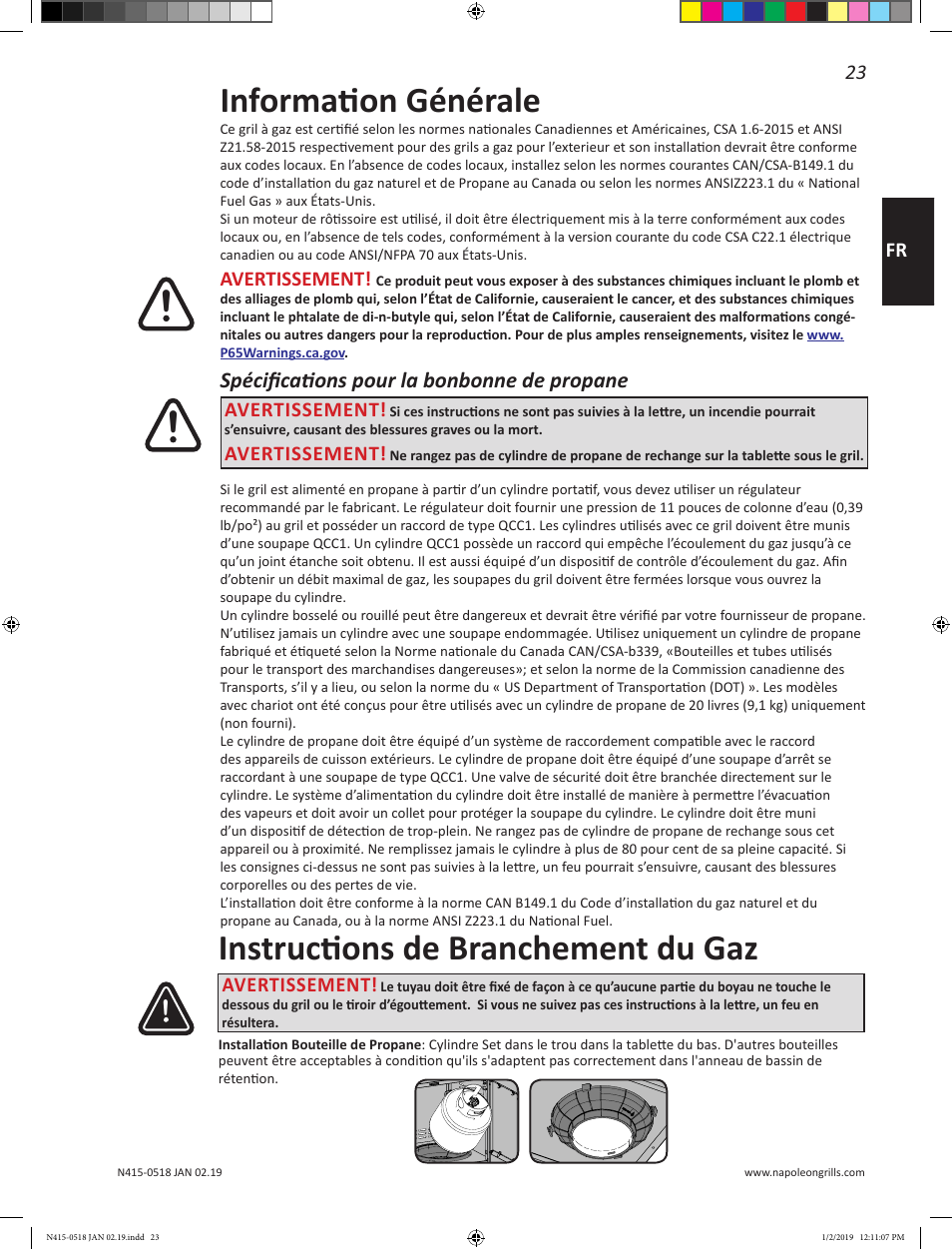 Information générale, Instructions de branchement du gaz, Spécifications pour la bonbonne de propane | 23 fr, Avertissement | Prestige Napoleon Prestige Series 500 Series 66 Inch Freestanding Grill Owner's Guide User Manual | Page 23 / 52