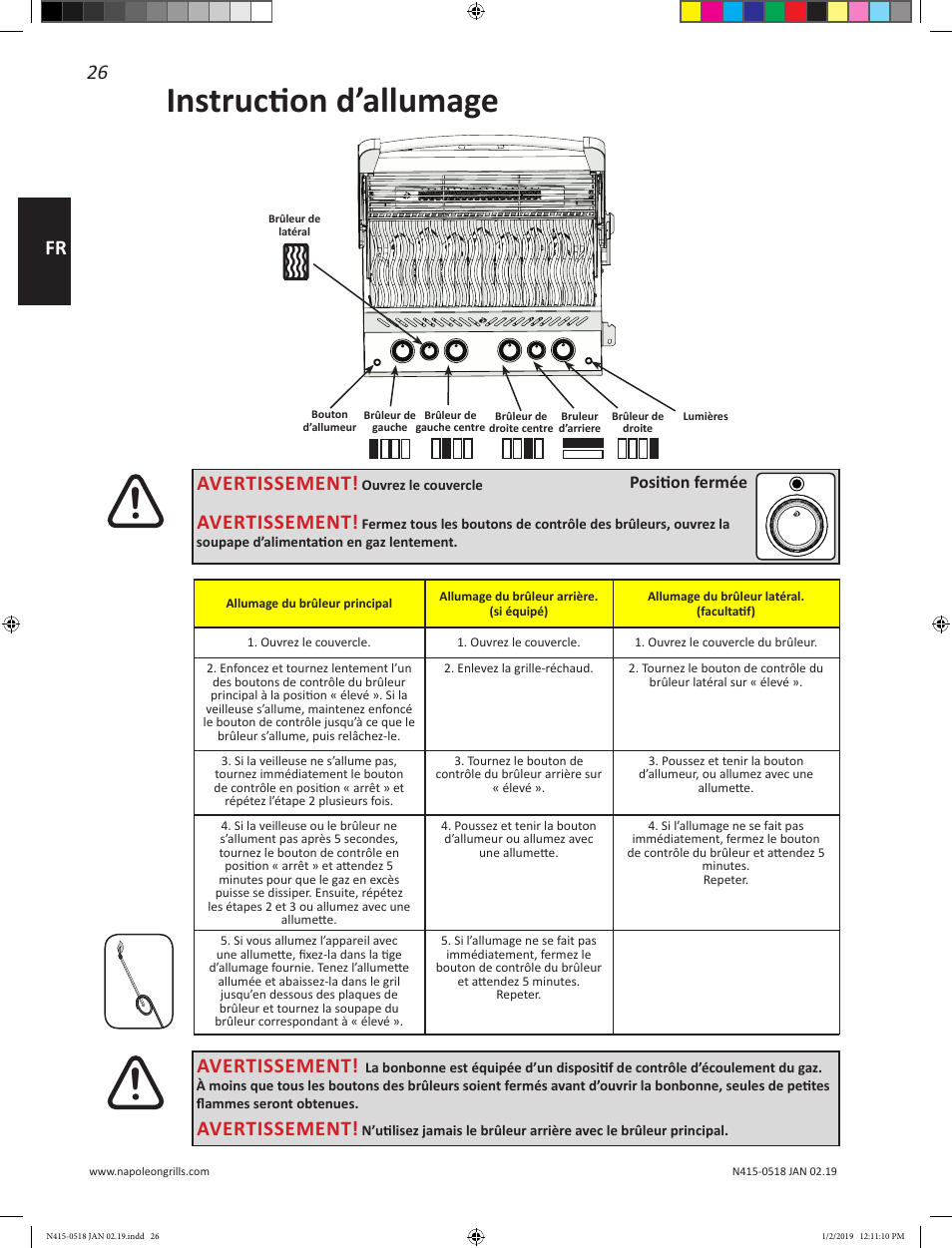 Instruction d’allumage, 26 fr, Avertissement | Position fermée | Prestige Napoleon Prestige Series 500 Series 66 Inch Freestanding Grill Owner's Guide User Manual | Page 26 / 52