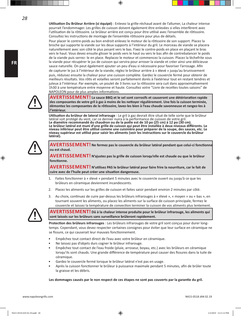 28 fr, Avertissement | Prestige Napoleon Prestige Series 500 Series 66 Inch Freestanding Grill Owner's Guide User Manual | Page 28 / 52