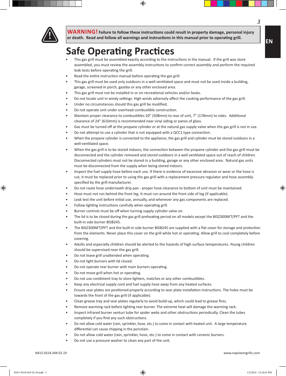 Safe operating practices, Warning | Prestige Napoleon Prestige Series 500 Series 66 Inch Freestanding Grill Owner's Guide User Manual | Page 3 / 52