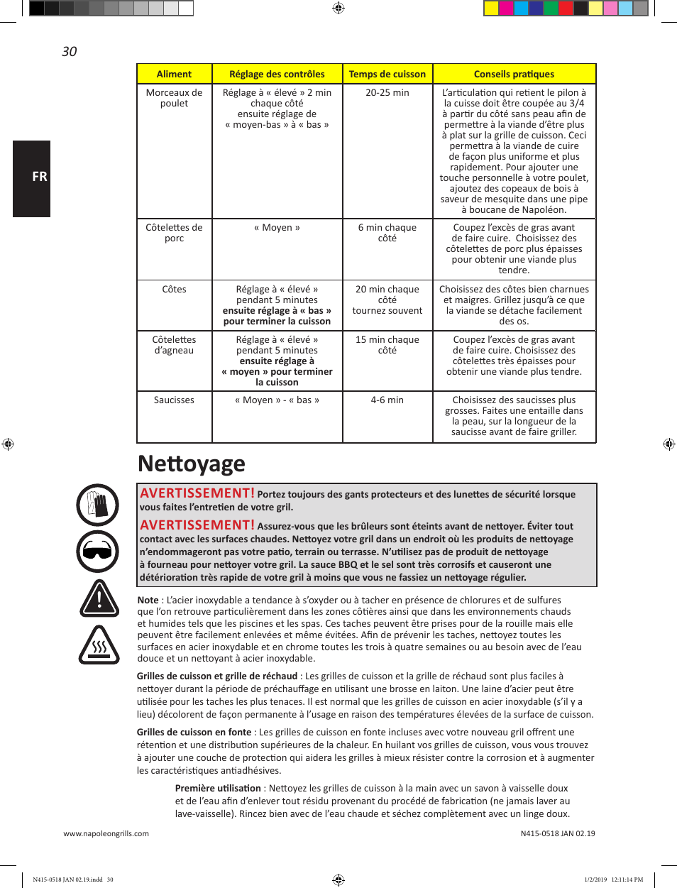 Nettoyage, 30 fr, Avertissement | Prestige Napoleon Prestige Series 500 Series 66 Inch Freestanding Grill Owner's Guide User Manual | Page 30 / 52