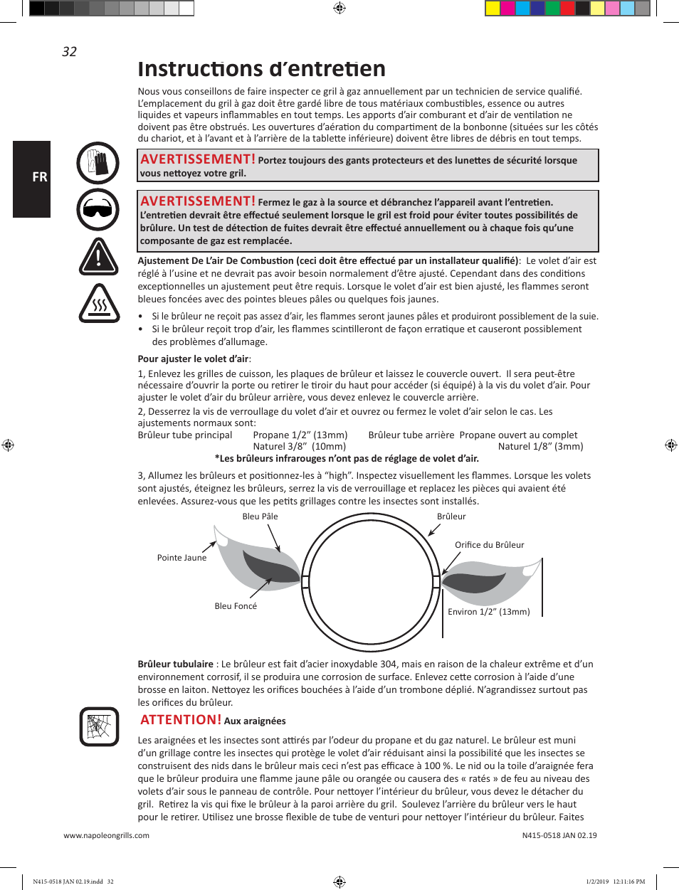 Instructions d’entretien, 32 fr, Avertissement | Attention | Prestige Napoleon Prestige Series 500 Series 66 Inch Freestanding Grill Owner's Guide User Manual | Page 32 / 52