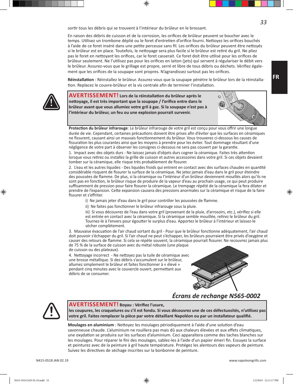 33 fr, Avertissement | Prestige Napoleon Prestige Series 500 Series 66 Inch Freestanding Grill Owner's Guide User Manual | Page 33 / 52