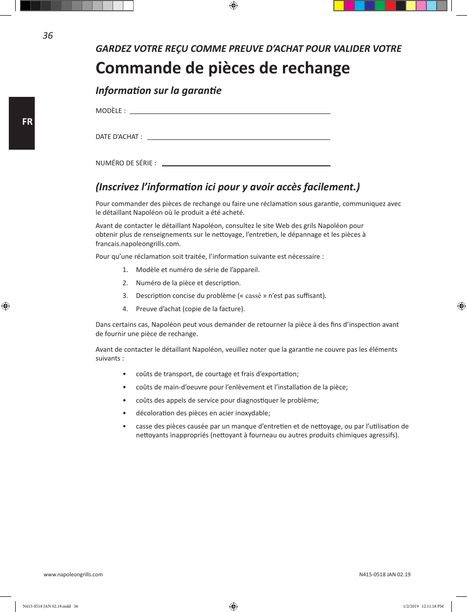 Commande de pièces de rechange, Information sur la garantie, 36 fr | Prestige Napoleon Prestige Series 500 Series 66 Inch Freestanding Grill Owner's Guide User Manual | Page 36 / 52