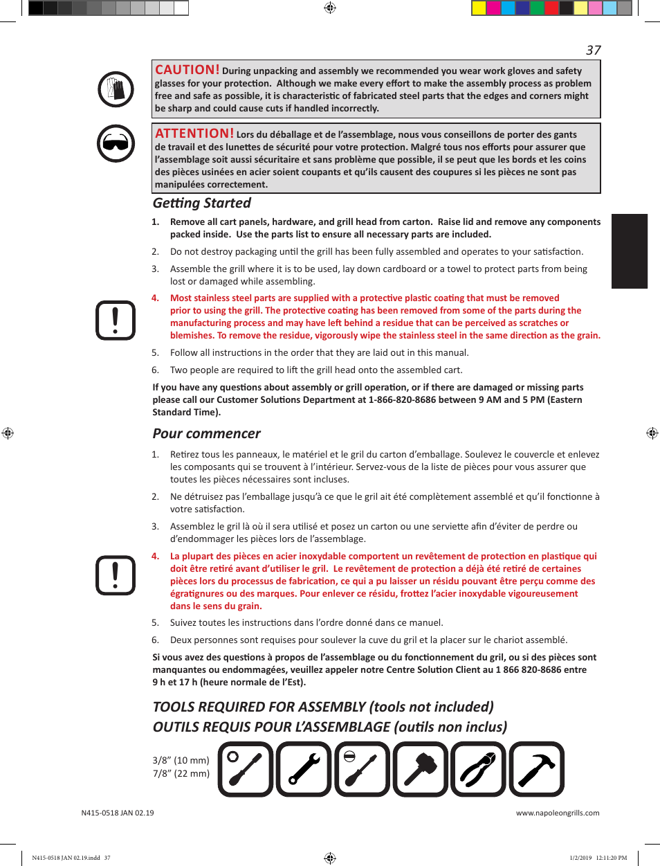 Getting started, Pour commencer, Attention | Caution | Prestige Napoleon Prestige Series 500 Series 66 Inch Freestanding Grill Owner's Guide User Manual | Page 37 / 52