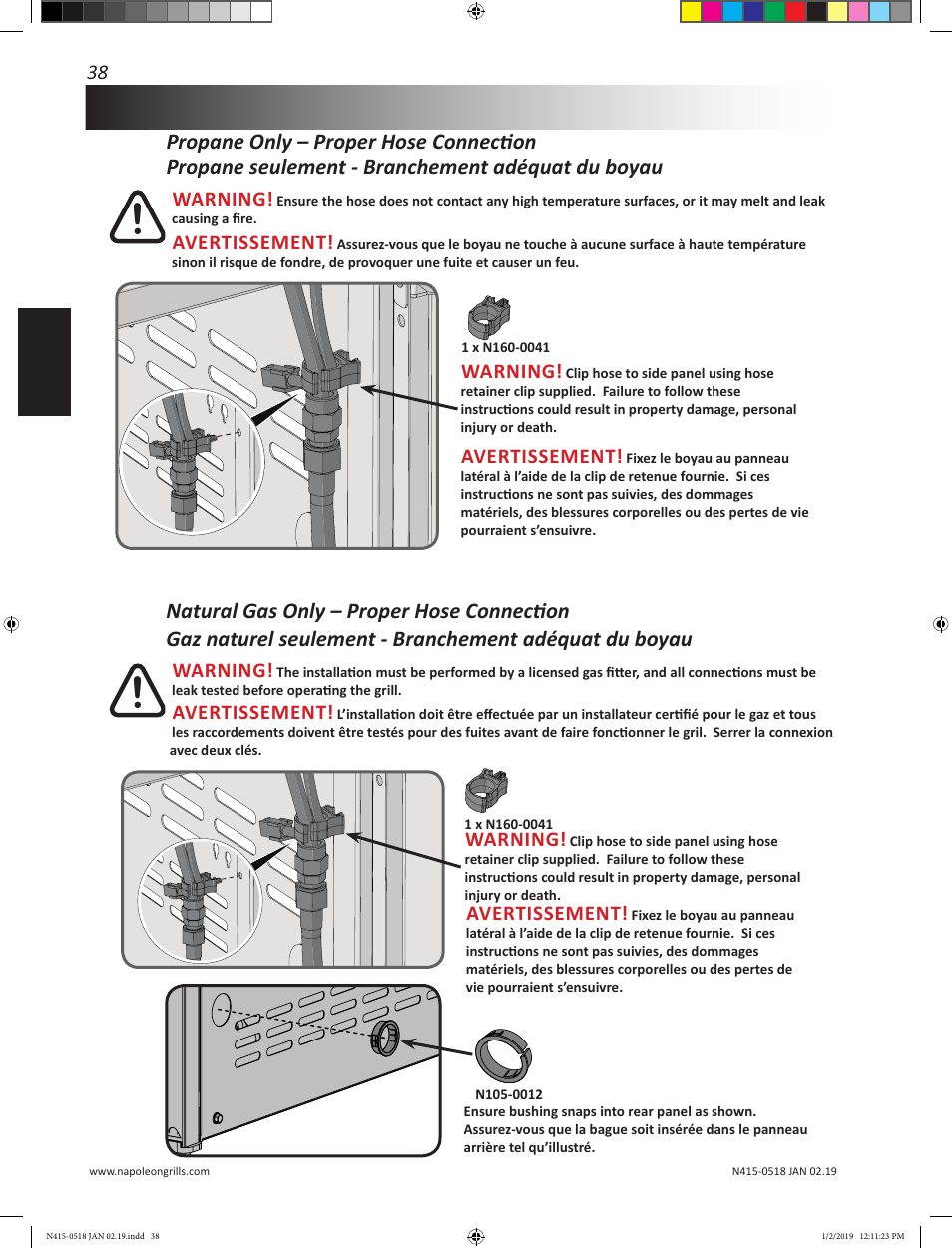 Propane only – proper hose connection, Propane seulement - branchement adéquat du boyau, Warning | Avertissement | Prestige Napoleon Prestige Series 500 Series 66 Inch Freestanding Grill Owner's Guide User Manual | Page 38 / 52