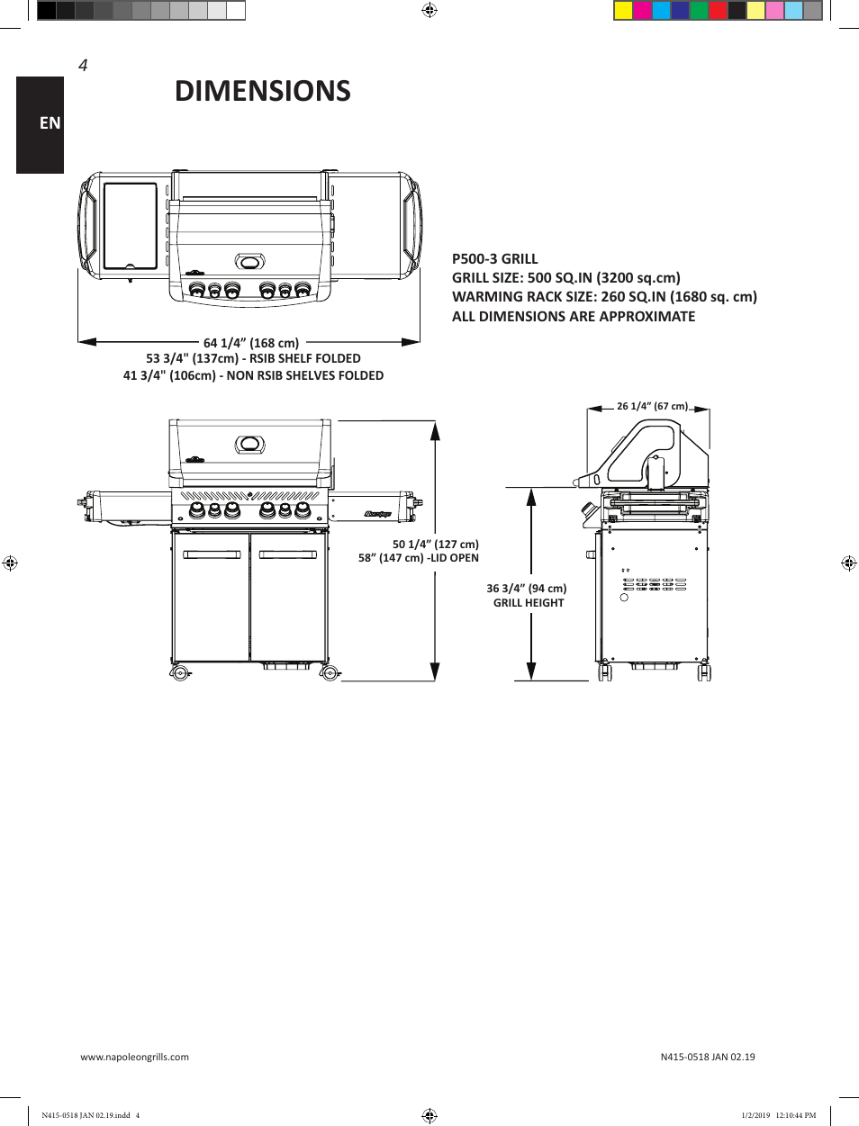 Dimensions | Prestige Napoleon Prestige Series 500 Series 66 Inch Freestanding Grill Owner's Guide User Manual | Page 4 / 52