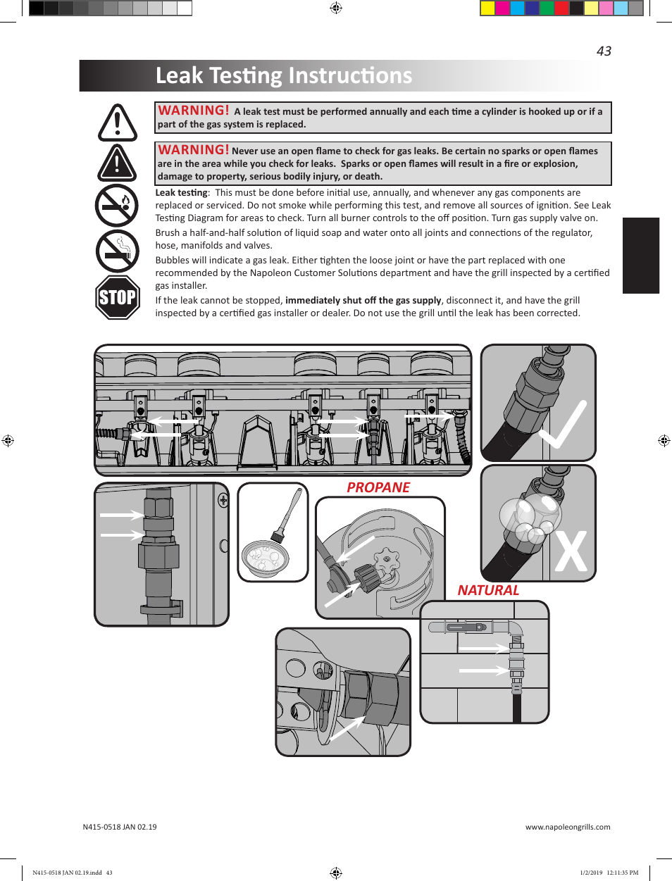 Leak testing instructions, Stop | Prestige Napoleon Prestige Series 500 Series 66 Inch Freestanding Grill Owner's Guide User Manual | Page 43 / 52