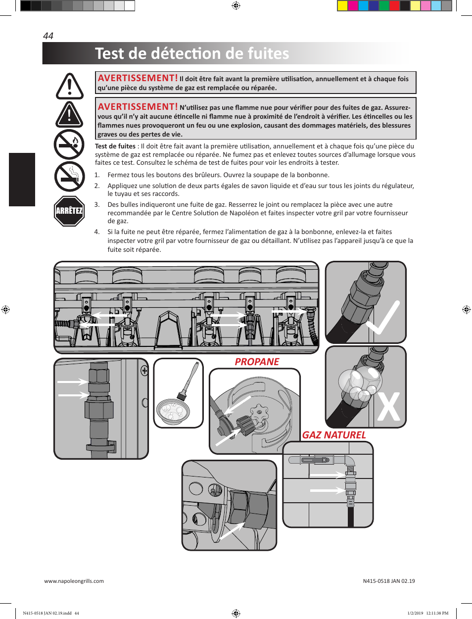 Test de détection de fuites | Prestige Napoleon Prestige Series 500 Series 66 Inch Freestanding Grill Owner's Guide User Manual | Page 44 / 52