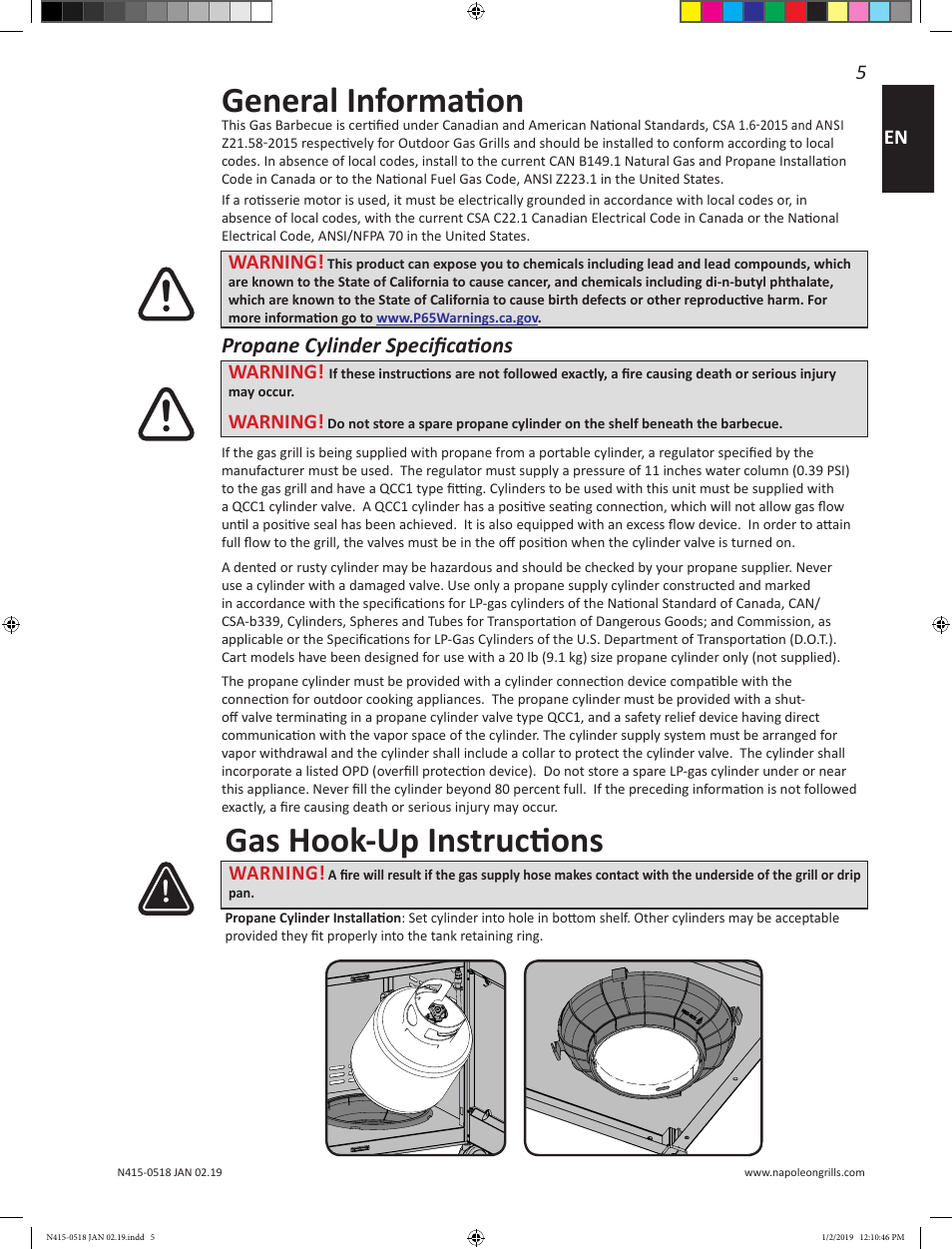 General information, Gas hook-up instructions, Propane cylinder specifications | Prestige Napoleon Prestige Series 500 Series 66 Inch Freestanding Grill Owner's Guide User Manual | Page 5 / 52