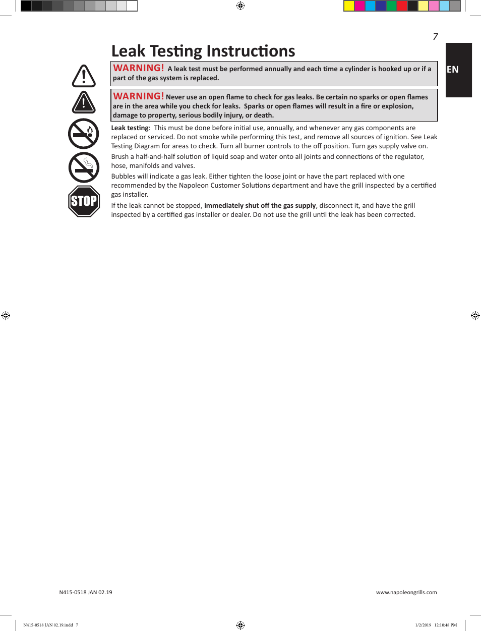 Leak testing instructions, Stop | Prestige Napoleon Prestige Series 500 Series 66 Inch Freestanding Grill Owner's Guide User Manual | Page 7 / 52