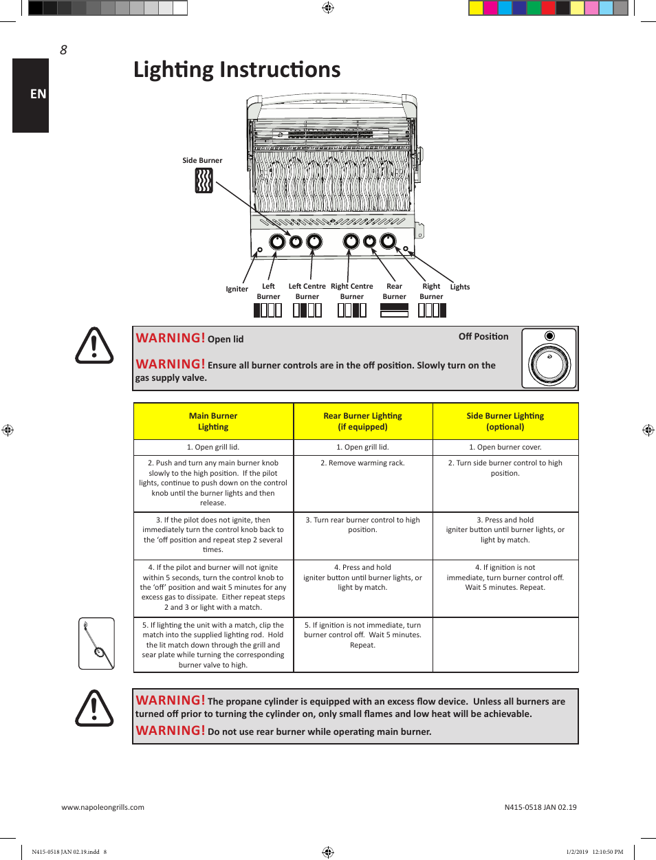 Lighting instructions, Warning | Prestige Napoleon Prestige Series 500 Series 66 Inch Freestanding Grill Owner's Guide User Manual | Page 8 / 52