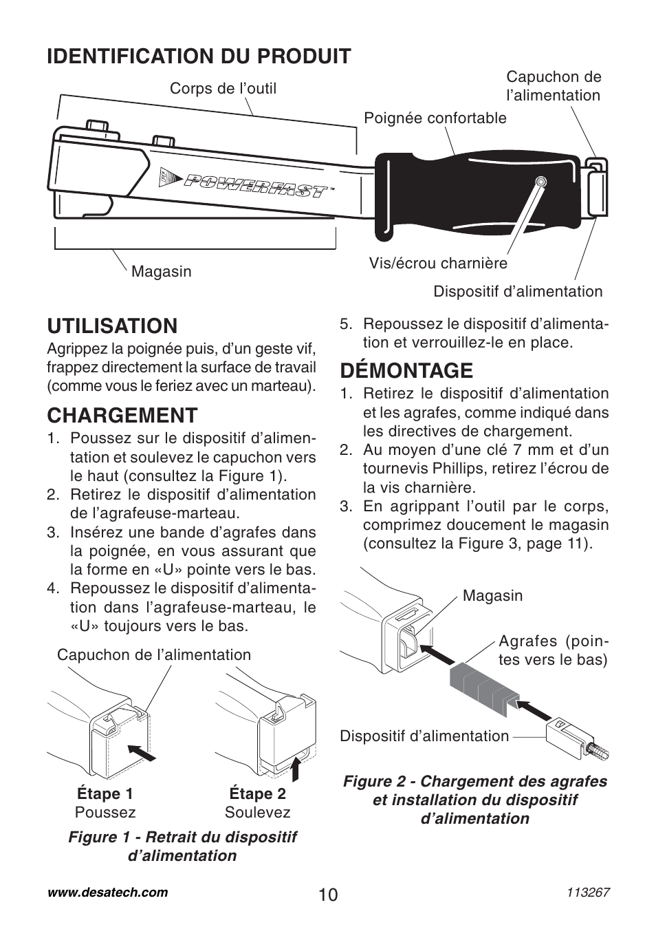 Utilisation, Chargement, Démontage | Identification du produit | Desa 10401 User Manual | Page 10 / 12