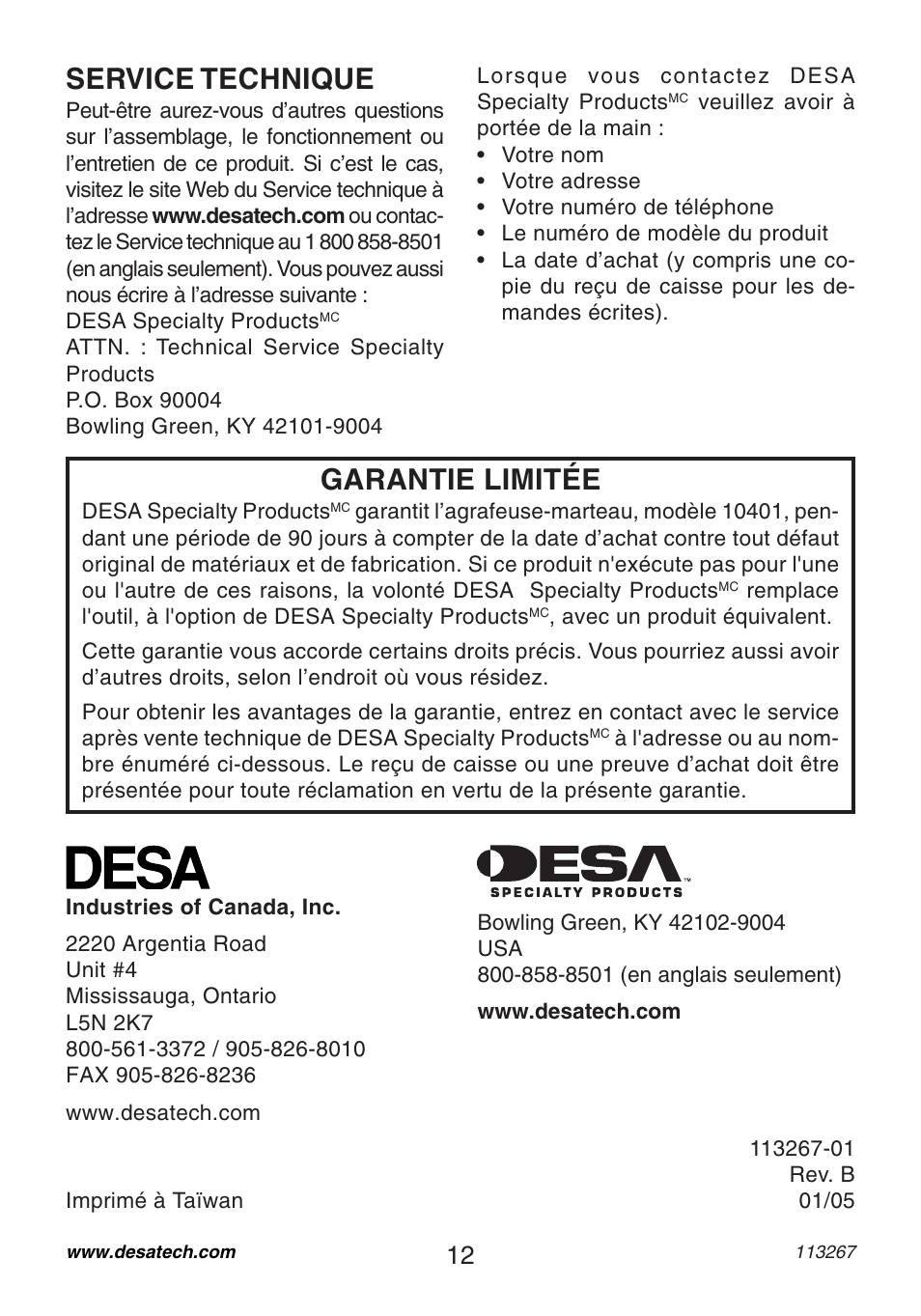 Garantie limitée, Service technique | Desa 10401 User Manual | Page 12 / 12