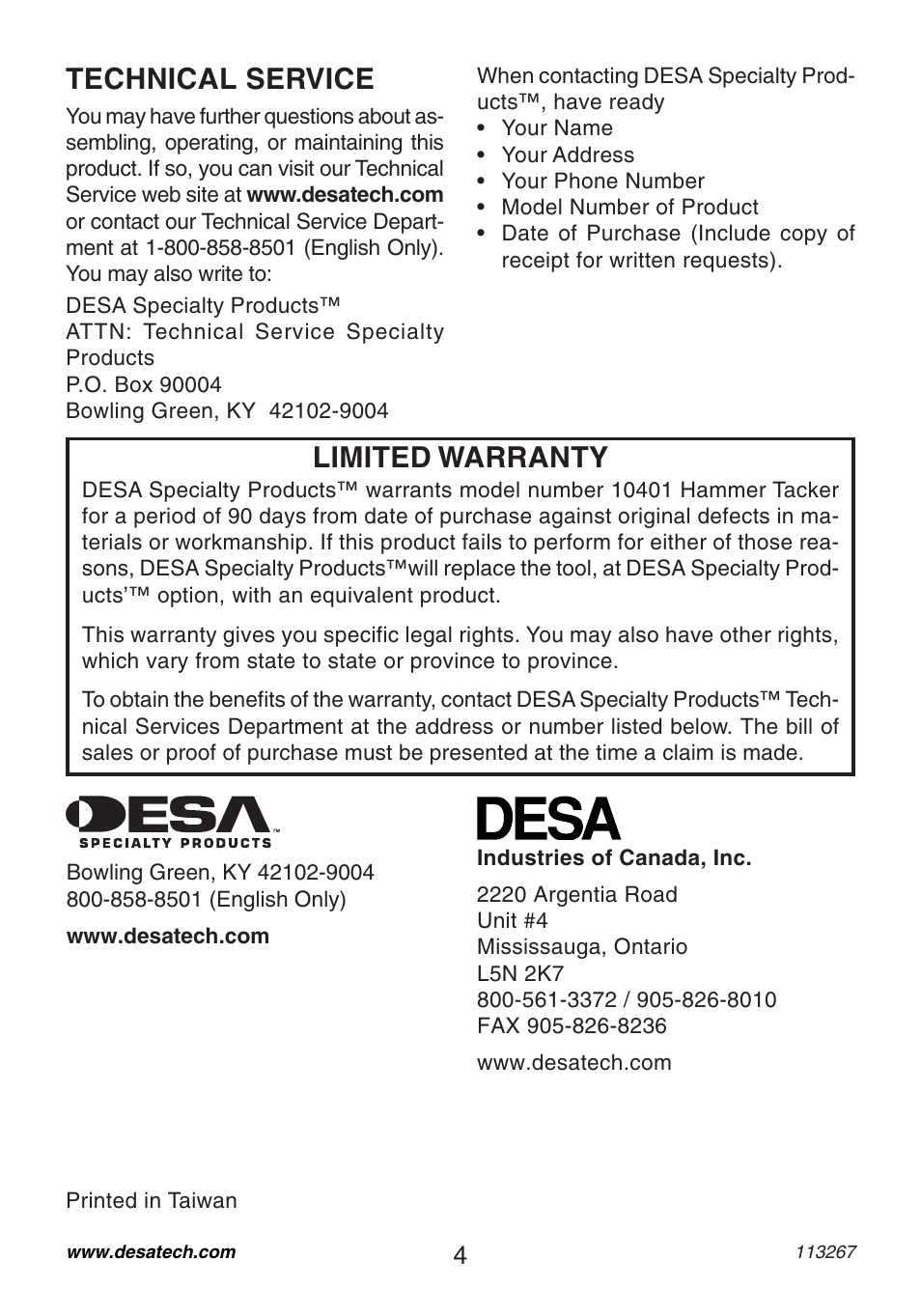 Limited warranty, Technical service | Desa 10401 User Manual | Page 4 / 12