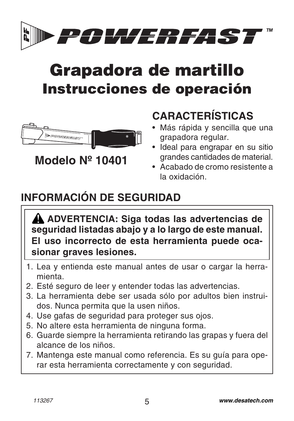 Grapadora de martillo, Instrucciones de operación, Características | Información de seguridad | Desa 10401 User Manual | Page 5 / 12