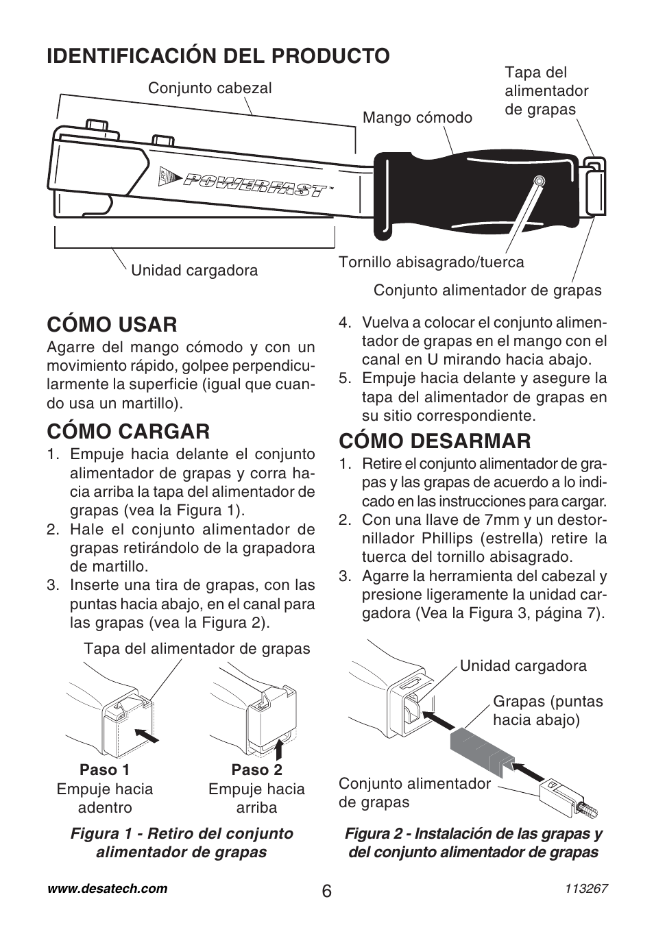 Cómo usar, Cómo cargar, Cómo desarmar | Identificación del producto | Desa 10401 User Manual | Page 6 / 12