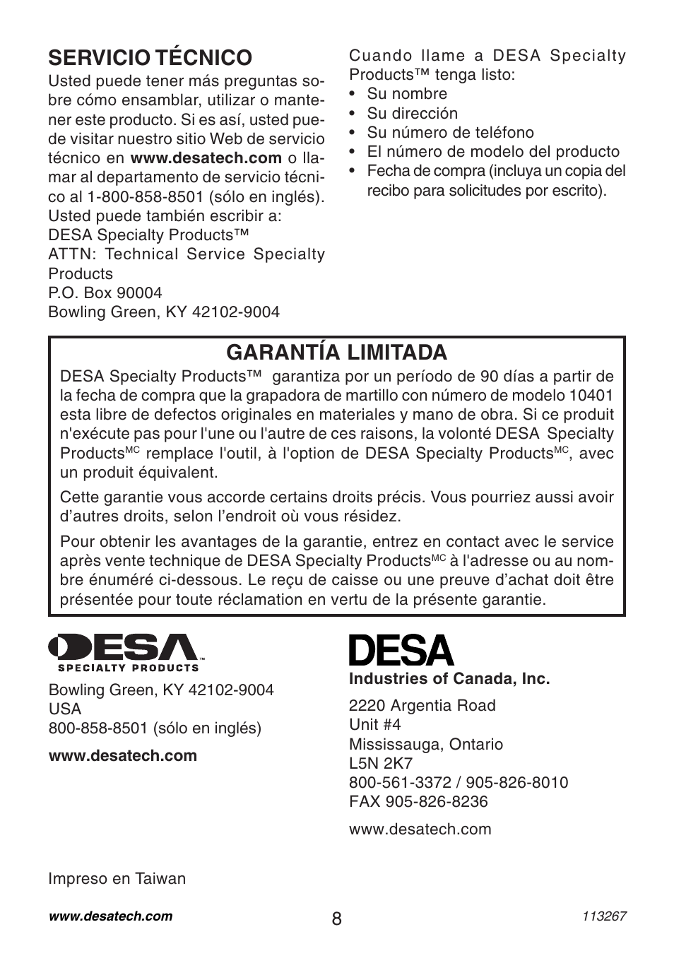 Garantía limitada, Servicio técnico | Desa 10401 User Manual | Page 8 / 12